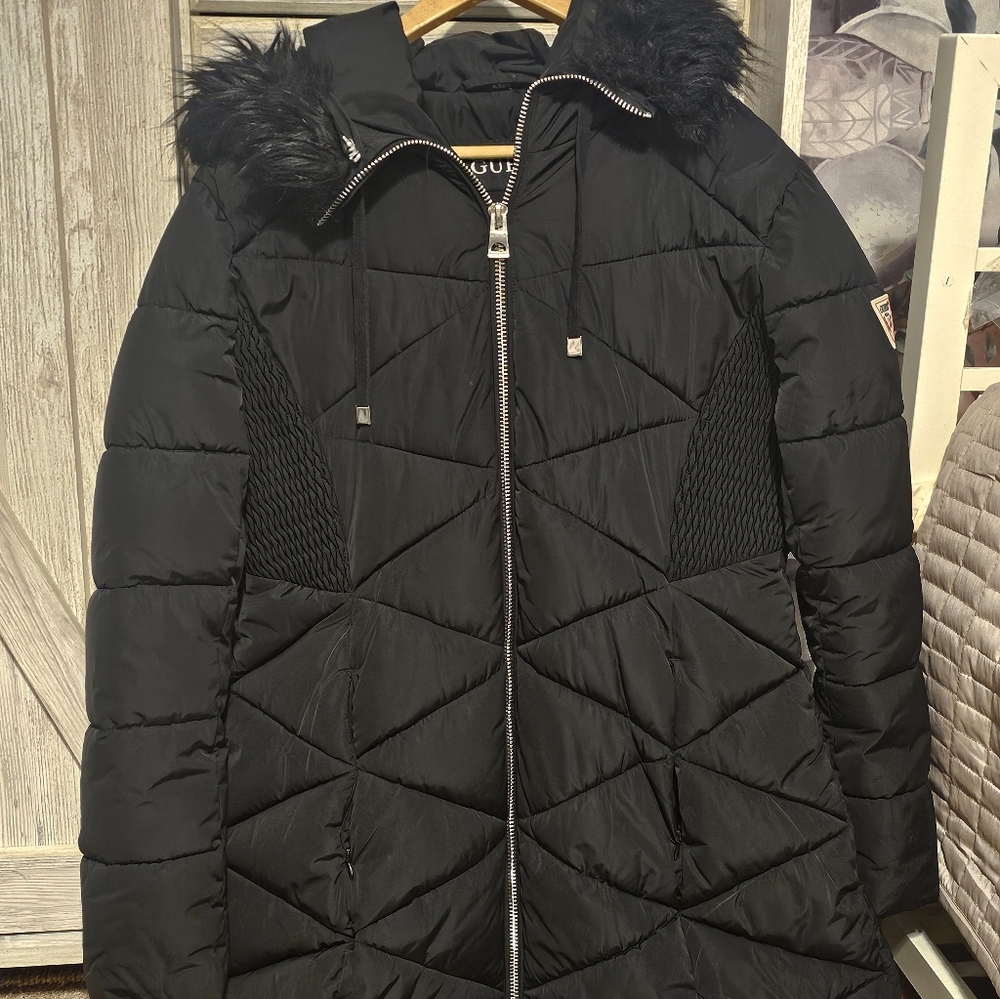 Women's Black Puffer Jacket with Faux Fur Hood